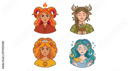 Four stylized female characters representing zodiac signs or elemental themes: Aries, Taurus, Leo, and Pisces.