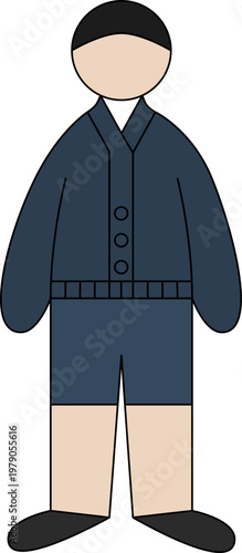 Vector illustration of a standing male in a blue cardigan and shorts. Flat style stock asset