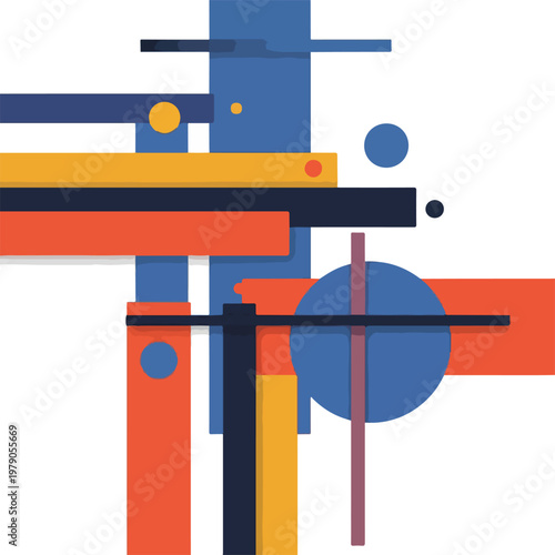 Geometric composition with layered rectangular forms and circles in vibrant hues