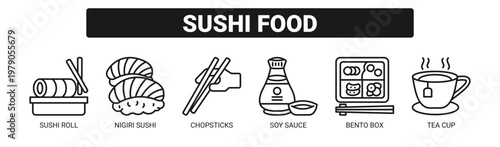 Sushi Food web banner icon vector illustration concept with icons of sushi roll, nigiri sushi, chopsticks, soy sauce, bento box, and tea cup. 