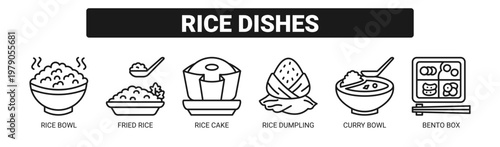 Rice Dishes web banner icon vector illustration concept with icons of rice bowl, fried rice, rice cake, rice dumpling, curry bowl, and bento box. 
