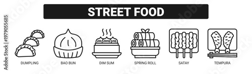 Street Food web banner icon vector illustration concept with icons of dumpling, bao bun, dim sum, spring roll, satay, and tempura. 