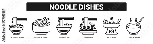 Noodle Dishes web banner icon vector illustration concept with icons of ramen bowl, noodle bowl, pho bowl, pad thai, hot pot, and soup bowl. 