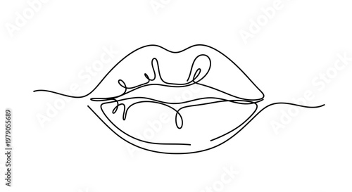 Beautiful Woman Lips Line Drawing Portrait.