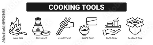 Cooking Tools web banner icon vector illustration concept with icons of wok pan, soy sauce, chopsticks, sauce bowl, food tray, and takeout box. 
