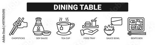 Dining Table web banner icon vector illustration concept with icons of chopsticks, soy sauce, tea cup, food tray, sauce bowl, and bento box. 