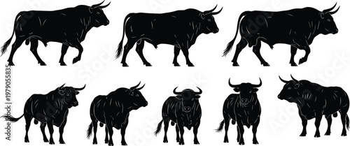 Buffalo silhouette set in multiple poses, black livestock vector illustration for farming, agriculture, animal collection, and rural countryside design use