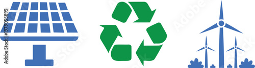 Renewable energy and recycling icons including solar panel wind turbines and recycling symbol in blue and green colors on white background