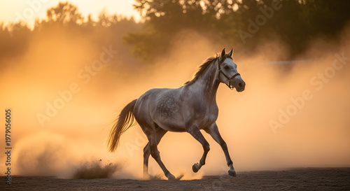 Graceful Arabian horse running through dust at sunset majestic animal in motion with warm golden light perfect for equestrian themes and nature photography