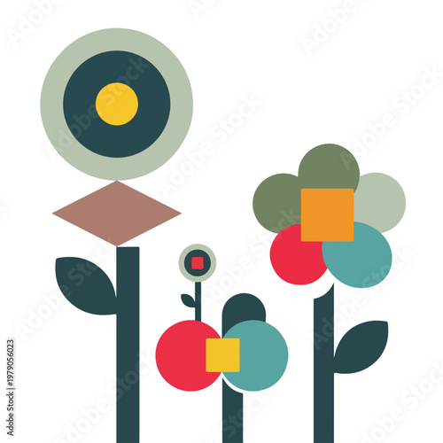 Geometric illustration featuring stylized flowers in various color palettes