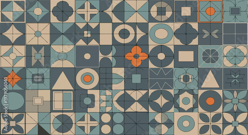 Geometric pattern of square tiles in muted tones with various shapes