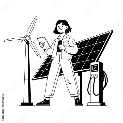 Female Engineer With Tablet Near Solar Panels, Wind Turbine and EV Charger Renewable Energy Concept