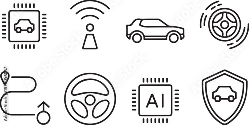 Collection of self drive and autonomous vehicle related icons .Driving and Smart Vehicle Symbols