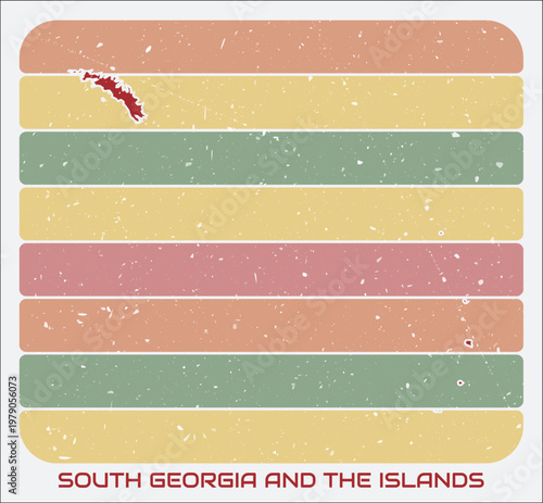 South Georgia and the Islands vintage logo. Shape of the country on retro colored stripes background. South Georgia and the Islands map design with grunge scratch texture. Vector illustration.
