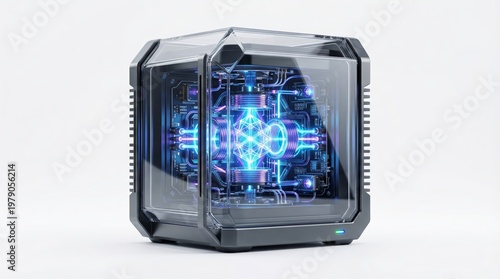 Futuristic Quantum Computer Core with Glowing Blue Energy Inside Isolated on White Background