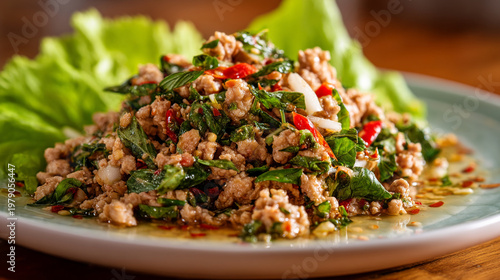 plate of spicy minced meat with herbs and lettuce leaves