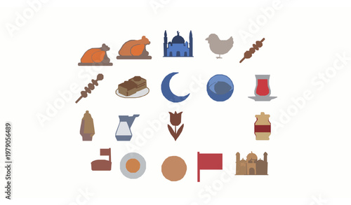 Minimal Turkey outline icons collection with Turkish food and cultural symbols thin line vector set