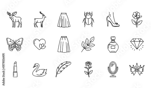 Beautiful outline icons set with nature fashion and elegant elements minimal line vector collection
