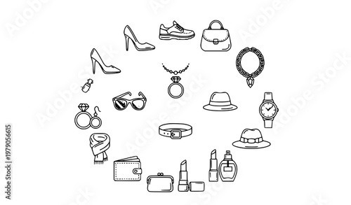 Fashion accessories outline icons in circular layout with shoes bags and jewelry vector pack