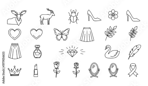 Elegant beauty icons in circular layout with fashion nature and animal outline vector pack