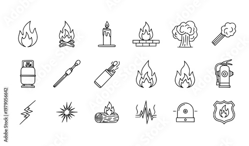 Minimal fire outline icons collection with flame heat and safety symbols thin line vector set