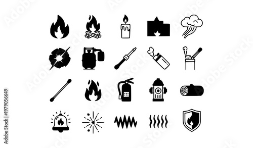 Fire icons in circular layout with flame explosion and safety symbols outline vector pack