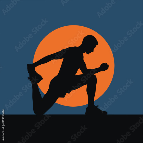 A man stretches in front of a large orange circle