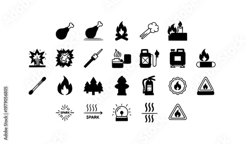 Fire icons in circular layout with flame explosion heat and safety symbols outline vector pack