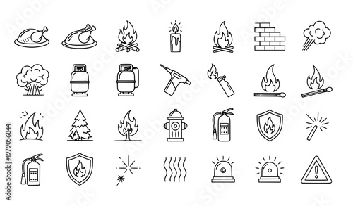 Fire outline icons set with flame heat explosion and safety symbols minimal line vector collection