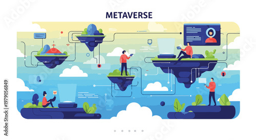 Illustration of people interacting in a virtual world with floating islands