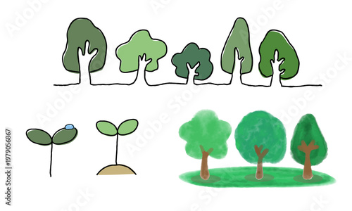手描きのいろんな木のイラストセット