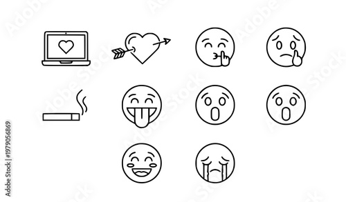 Feeling outline icons set with emoji expressions and love symbols minimal line vector collection
