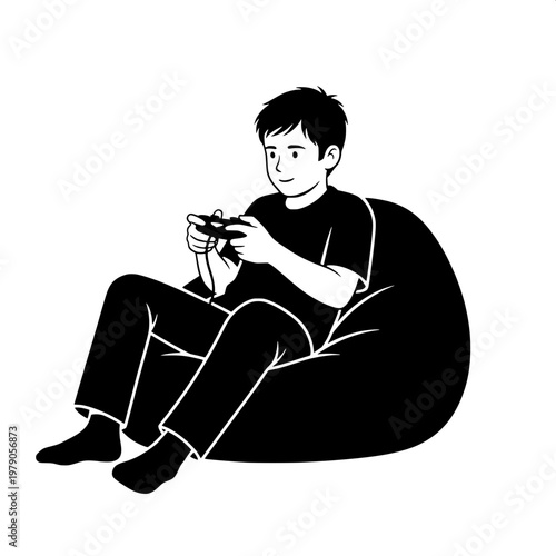 Young man relaxing on bean bag chair using smartphone at home