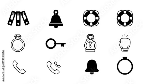 Minimal ring icon collection with binder bell lifebuoy and circular symbols filled and outline vector set