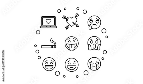 Emotion emoji icons in circular layout with feeling expressions and love symbols outline vector pack