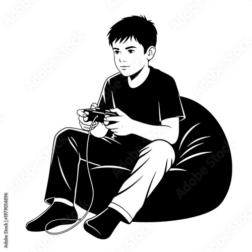 Young man playing video game on bean bag chair in casual indoor setting