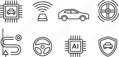Collection of self drive and autonomous vehicle related icons .Driving and Smart Vehicle Symbols
