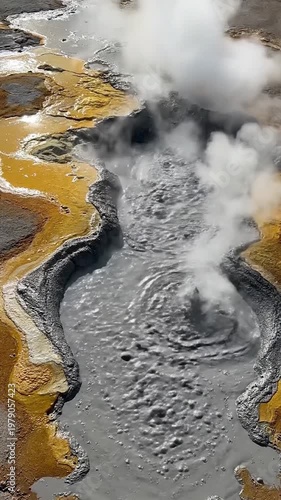 A high angle view of a bubbling mud pot with steam rising from the geothermal vent in a colorful landscape