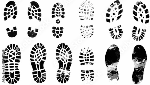 Collection of diverse black shoe sole prints on a white background