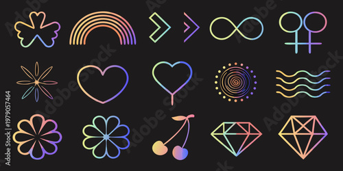 Colorful abstract shapes and symbols arranged on a black background