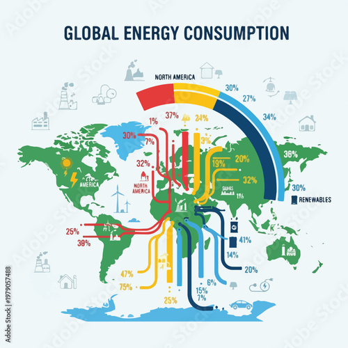 Graphic illustrating global energy consumption by source and region