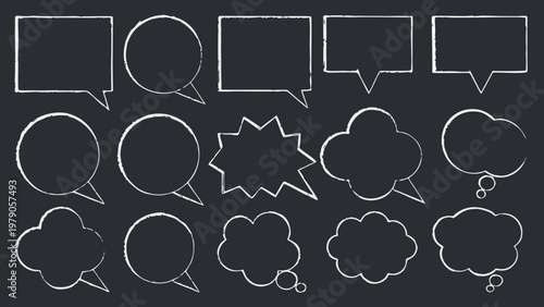 Collection of hand drawn white speech bubbles on a black chalkboard background