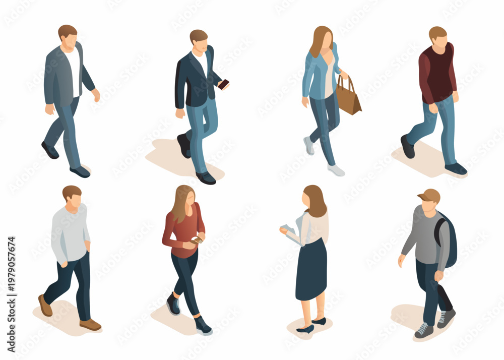 Fototapeta premium Isometric illustration depicting diverse people walking in a city environment