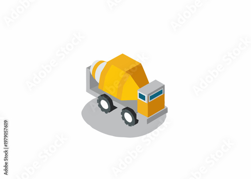 Isometric illustration of a yellow cement mixer truck on gray surface