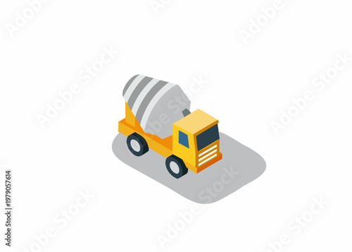 Isometric illustration of a yellow concrete mixer truck with gray details