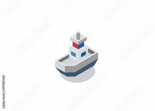 Isometric illustration of a small tugboat with blue and red accents