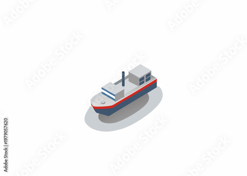 Isometric illustration depicting a simplified cargo ship on a gray surface
