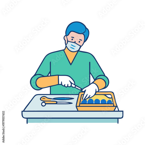 Medical professional carefully arranging surgical instruments on a tray.