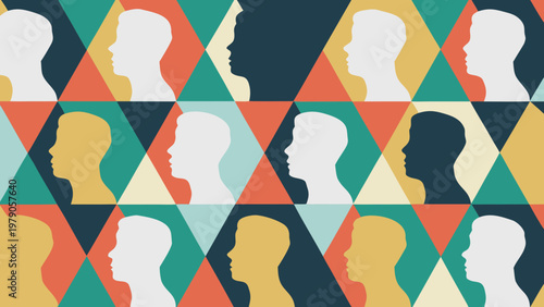 Abstract pattern of diverse human profiles in geometric shapes