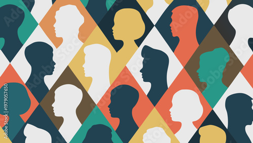 Diverse silhouettes of faces arranged in a geometric colorful pattern